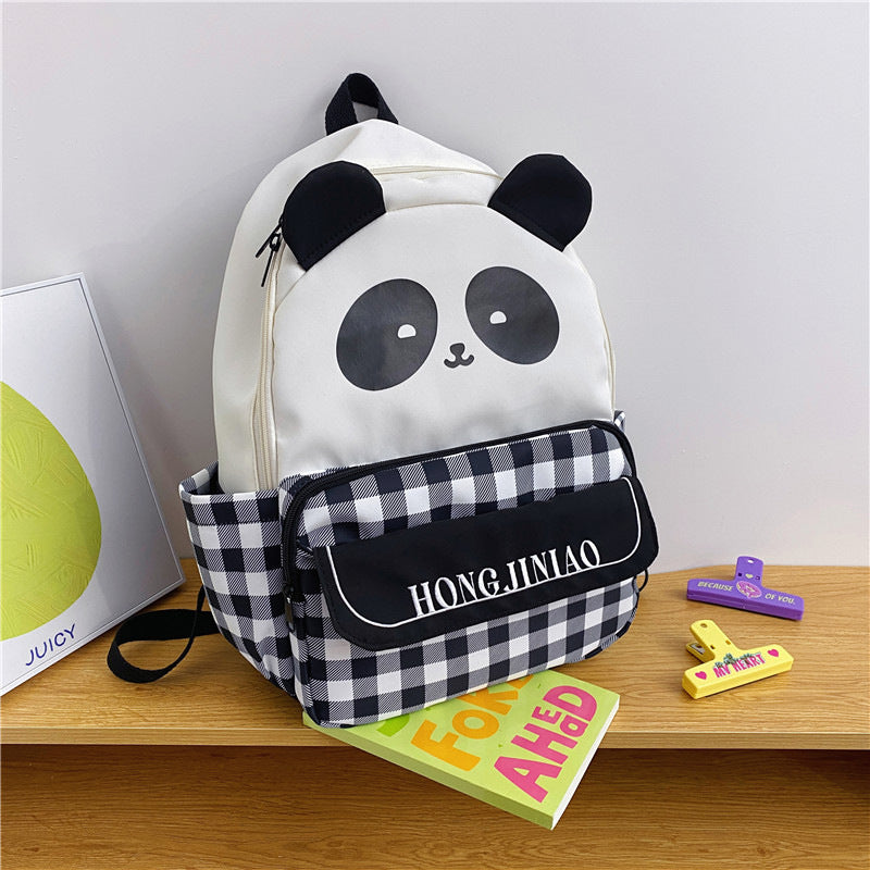 New plaid versatile casual girl backpack cute cartoon panda schoolbag female primary school junior high school student backpack