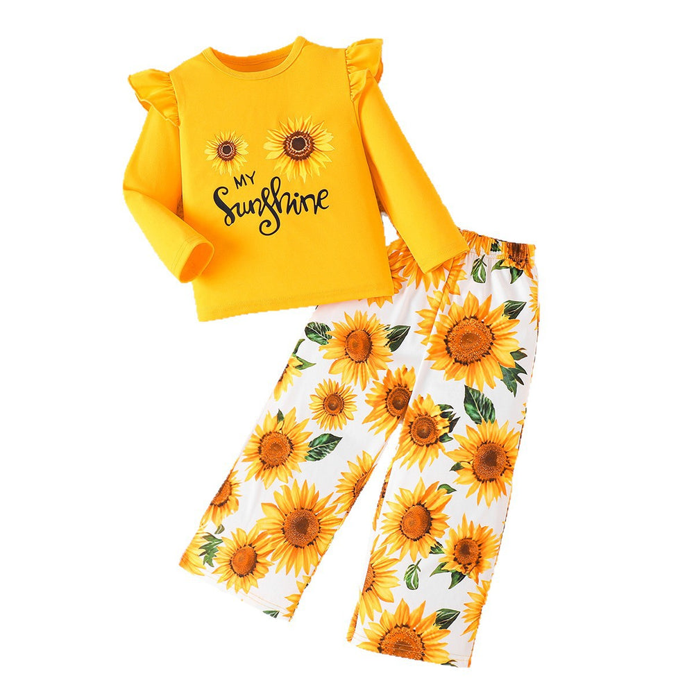 Girls' autumn two-piece outfit: yellow flutter sleeve top with sunflower & letter print pants set