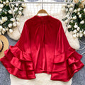 European and american chic ruffle trim flared sleeve satin blouse - women's  autumn collection, high-end versatile top