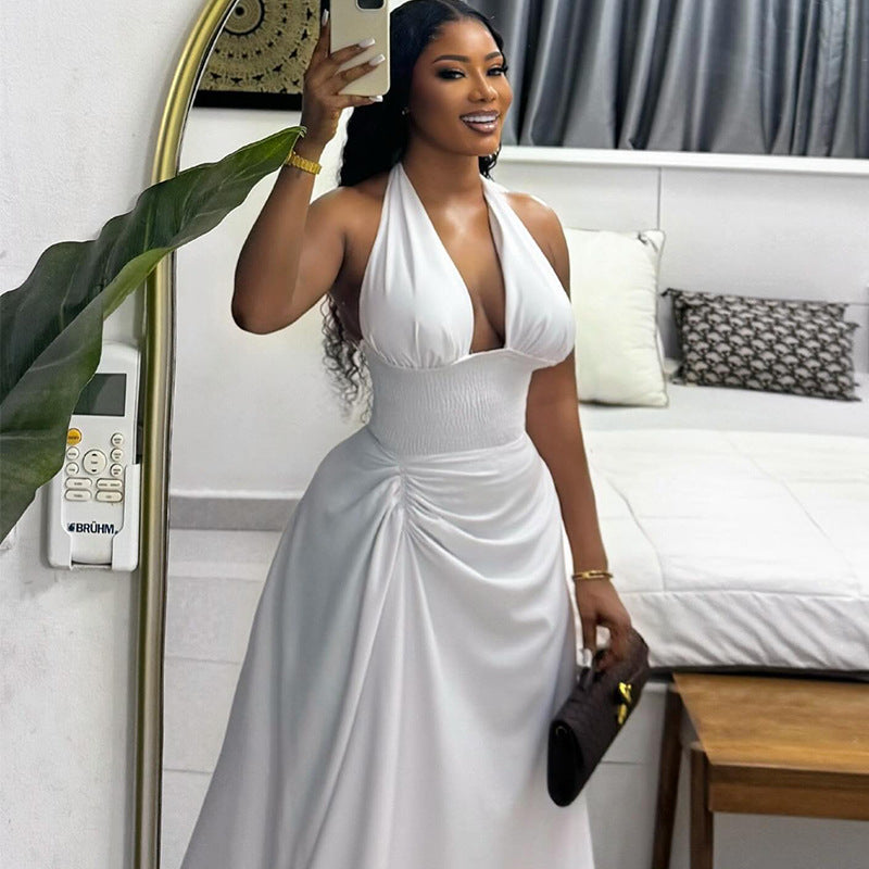 European and american cross-border women's fashion:  autumn new arrivals - sexy and elegant halter neck, cinched waist, slit hem, sleeveless maxi dress