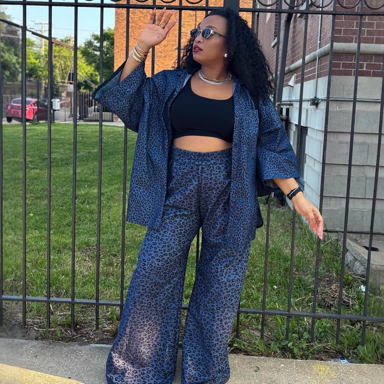 European and American large-size casual women's clothing set cardigan leopard print shirt wide-leg trousers African loose new two-piece set women
