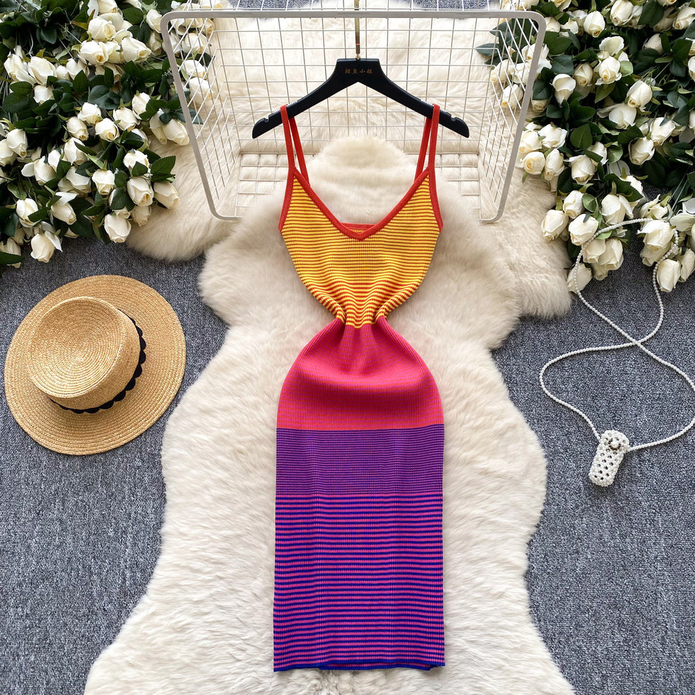 Korean chic summer new arrival: niche retro fashion color block camisole knit dress - women's vacation dress