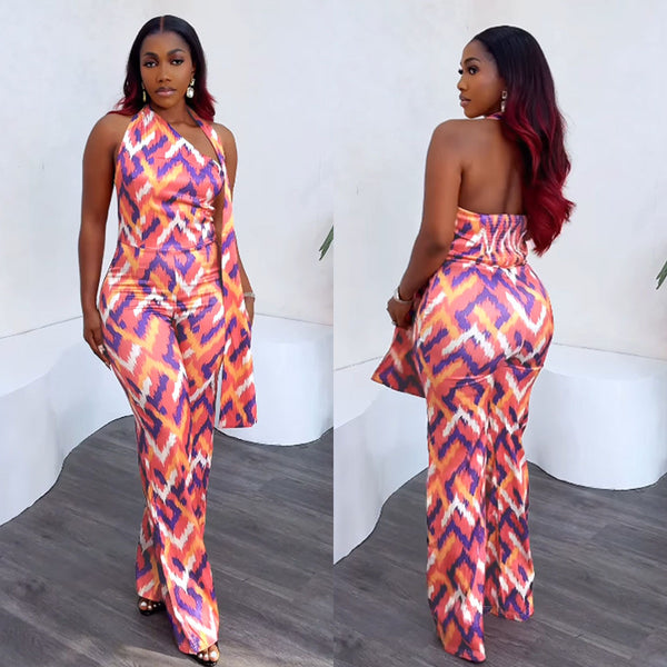 S10998 Elegant stretch slim-fit printed wide-leg jumpsuit