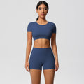 European and american nude feel quick-dry short sleeve yoga set with padded bra, compression workout training shorts, running fitness outfit