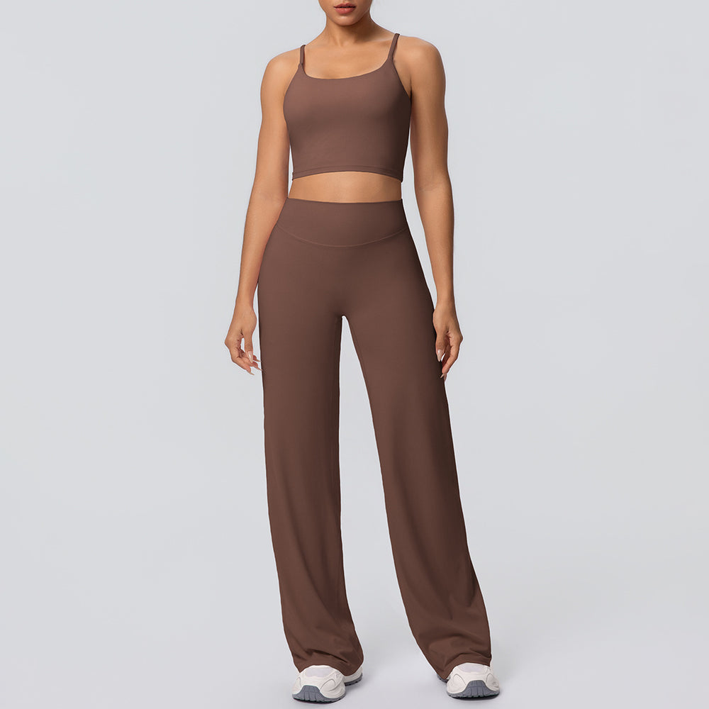 New arrival: cross-border brushed solid color racerback tight-fit breathable wide-leg yoga set - two-piece activewear for running and fitness