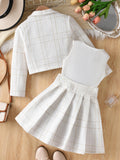 Exportgirl small fragrant white three-piece set grids pattern lapel short outwear vest tops skirt kidssuit