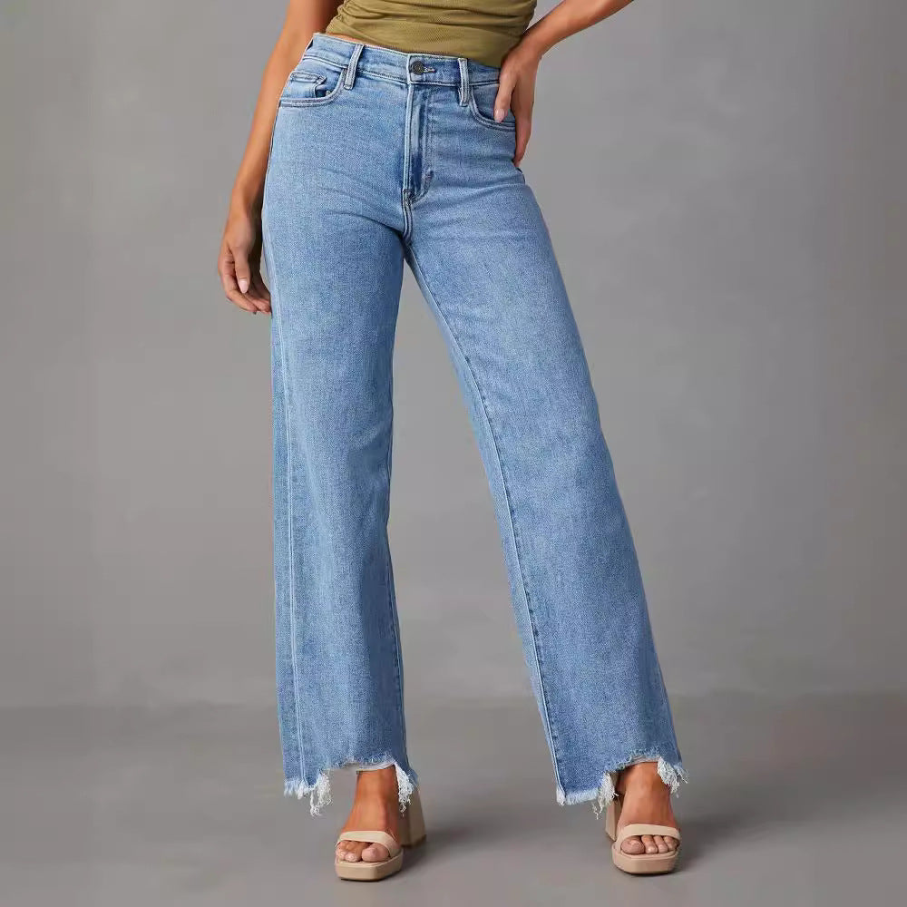 European and american distressed jeans for women - new  style loose wide leg streetwear washed denim pants