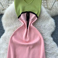 Frenchcontrast colorv neck sleeveless sweetdress women's spring and summerhigh waist silmslimming look a-line skirt work clothingelegant long skirt