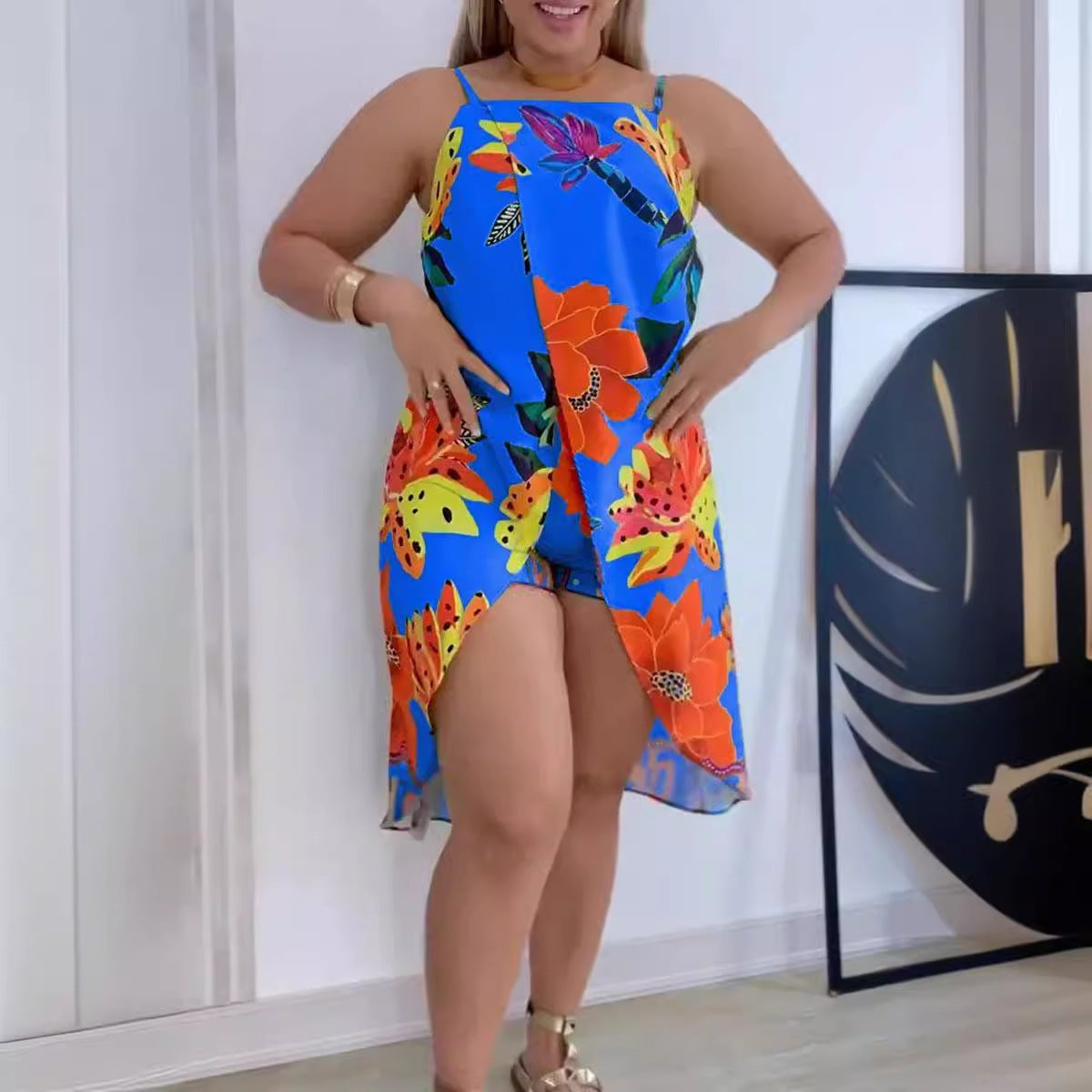 S10779 European and American sexy printing suspender split culottes set two-piece set