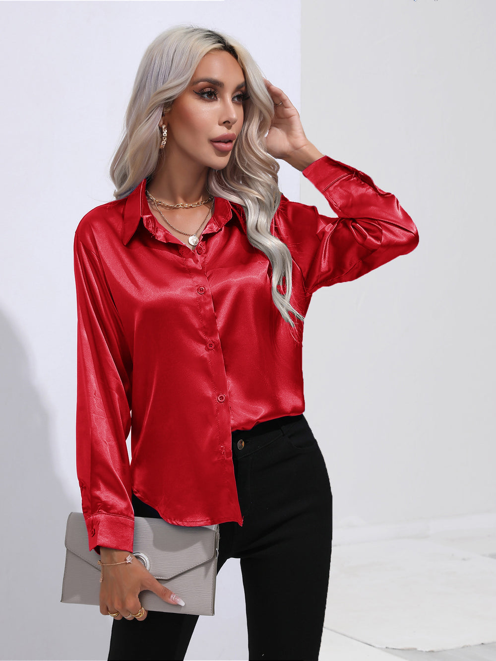 Hot-selling real shot: women's satin shirt - faux silk long sleeve blouse, new spring/summer collection, european & american cross-border women's fashion