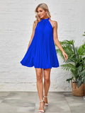 Amazon-chic, european and american style,  spring new arrival: solid color, off-the-shoulder, pleated, stand-up collar, tie-up, sleeveless dress