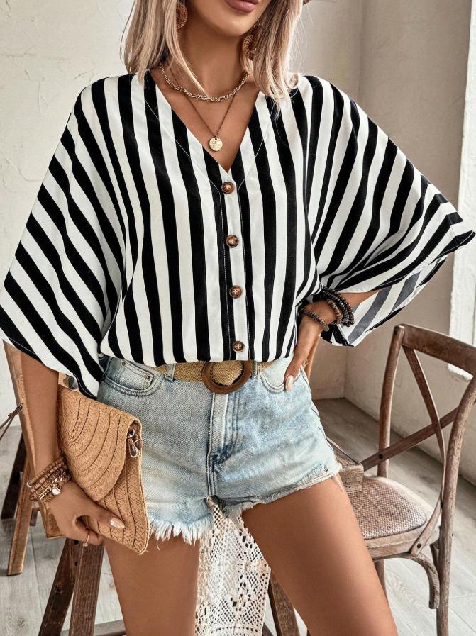 european and american cross-border  new autumn elegant v-neck loose short-sleeve printed solid color women's blouse