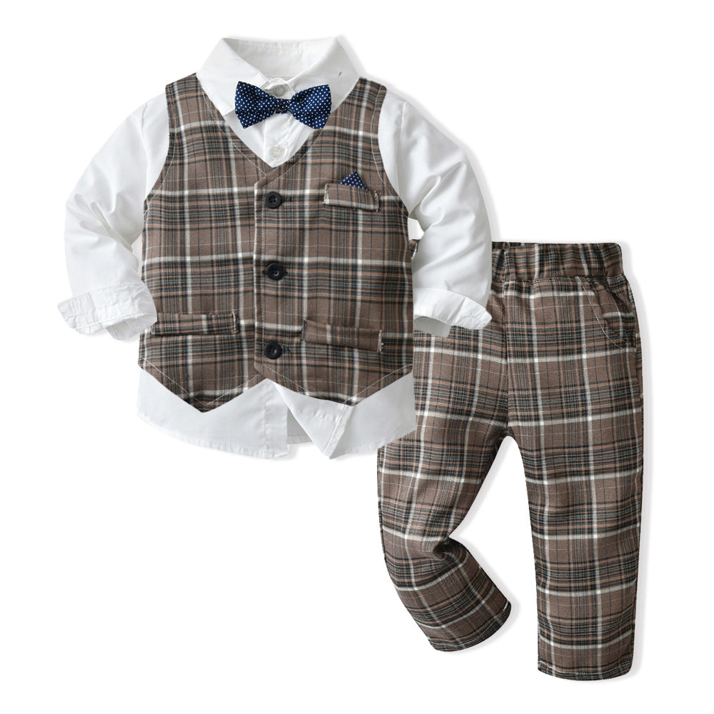 Boys' spring/autumn plaid three-piece set: trendy outfit for baby boys, flower boy style, first birthday celebration, and british-inspired formal wear