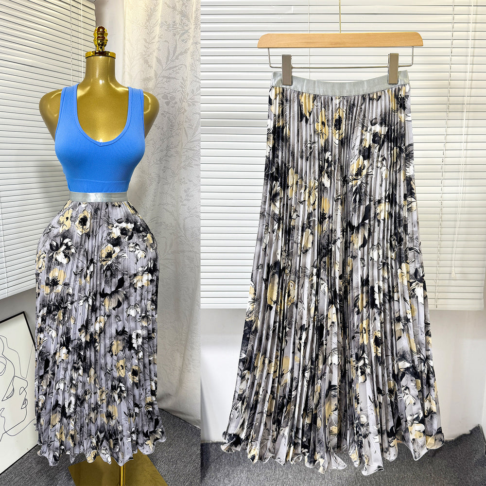 K-style high waist elastic waist rufflespleated skirt female a-line skirt slimming lookeasiest for matchwork clothing skirt