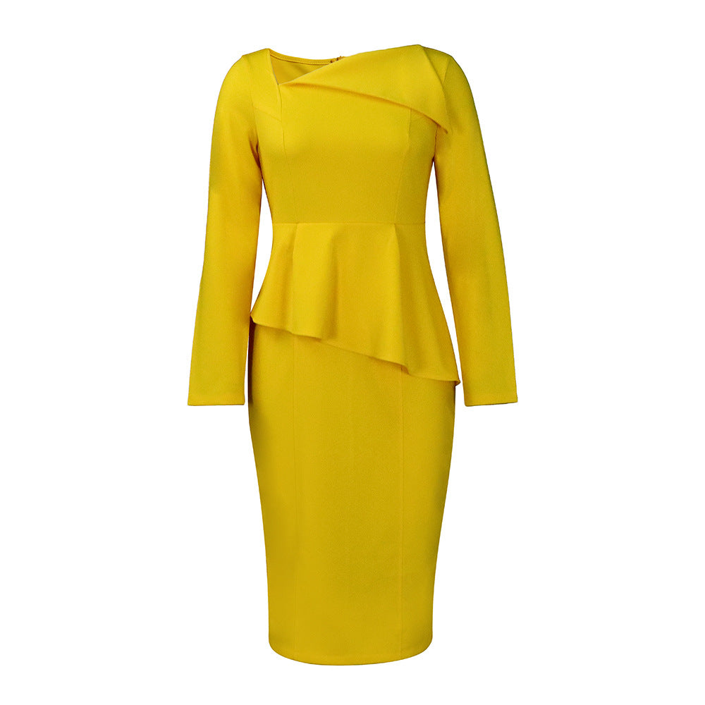 D314 european and american plus size women's clothing  autumn new fashion asymmetrical neck elegant long sleeve african export dress