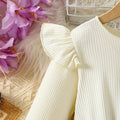 Girls' fall knit dress: floral patchwork, round neck, flutter sleeves, and belted design - cute kids' dress for export