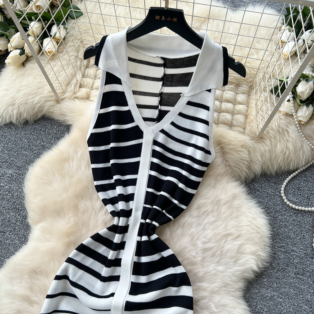 Summer dress: unique, high-end, sleeveless, slim-fit, color block striped knit dress with polo collar - bodycon maxi dress