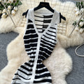 Summer dress: unique, high-end, sleeveless, slim-fit, color block striped knit dress with polo collar - bodycon maxi dress