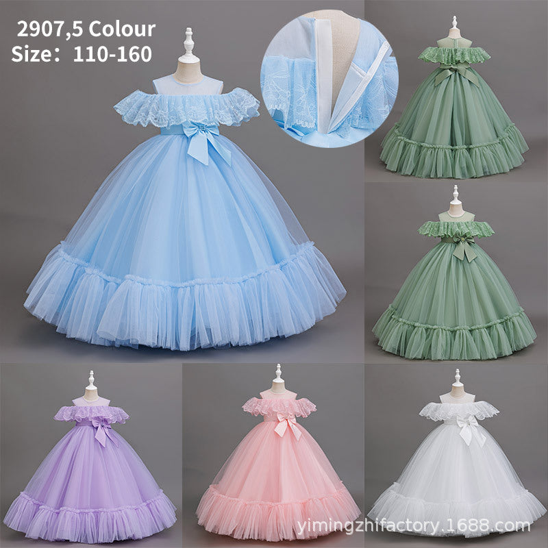 girls' off-the-shoulder lace patchwork long mesh princess dress - ready stock wholesale flower girl dress