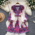 Vintage print v-neck long sleeve bodycon dress - women's summer tie-waist slimming a-line dress - office & casual wear