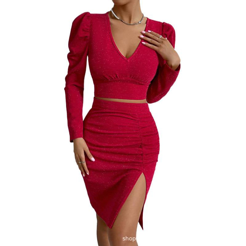 Women's  autumn new arrival: v-neck, figure-flattering, slit-back, solid color, long-sleeve two-piece set
