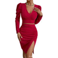 Women's  autumn new arrival: v-neck, figure-flattering, slit-back, solid color, long-sleeve two-piece set