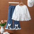 new autumn cross-border girls' fashion lace patchwork shirt + bowknot denim flare pants two-piece set
