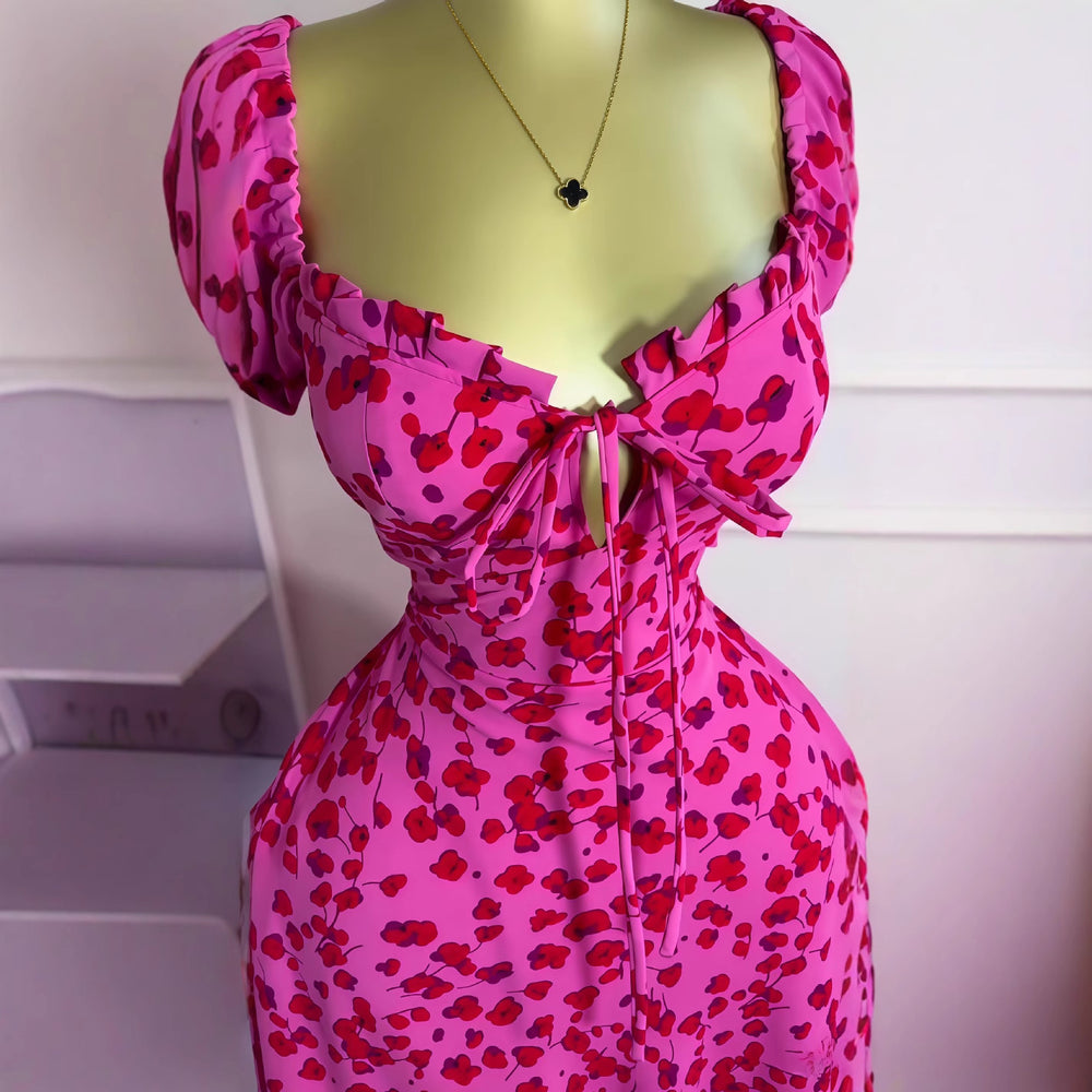 European and american cross-border women's fashion  summer new arrival: printed short-sleeve butterfly tie sexy bodycon maxi dress