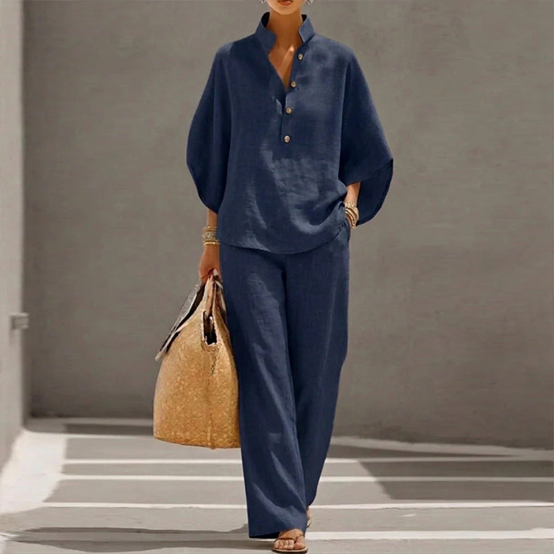 summer new european and american cross-border women's clothing casual loose solid color cotton linen turn-down collar wide leg pants fashion set