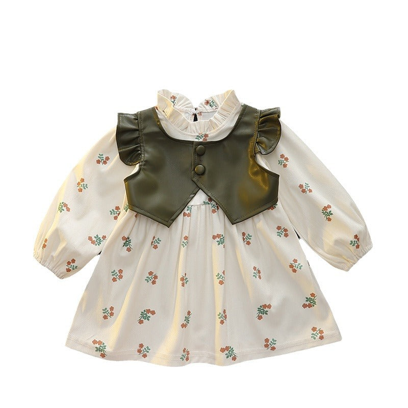 Baby girl spring dress with padded vest detail, patchwork skirt, toddler & little girl printed princess dress, casual long sleeve dress for girls