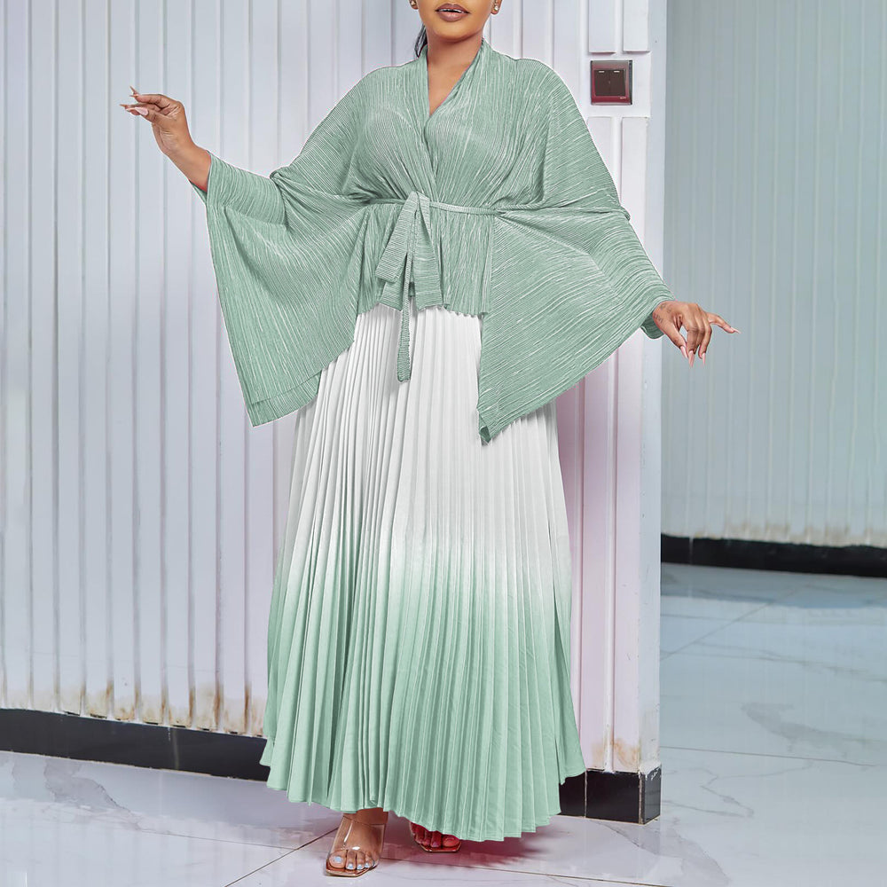Q120 new  fashion pleated minimalist solid color top and gradient flared skirt two-piece set