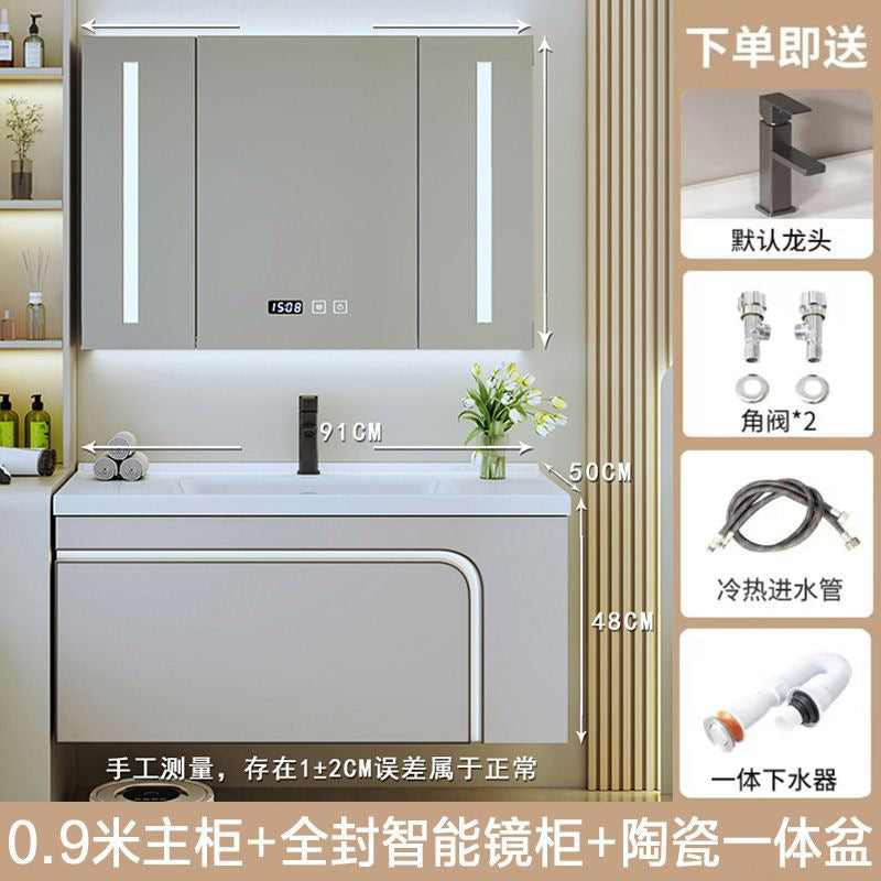 [Customized] Side storage bathroom cabinet ceramic integrated hand wash basin bathroom solid wood bathroom cabinet combination