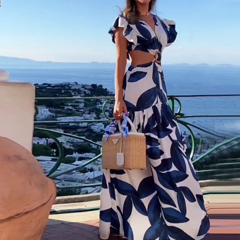 summer new women's clothing  cross-border fashion printed sexy v-neck ruffle sleeve cutout dress