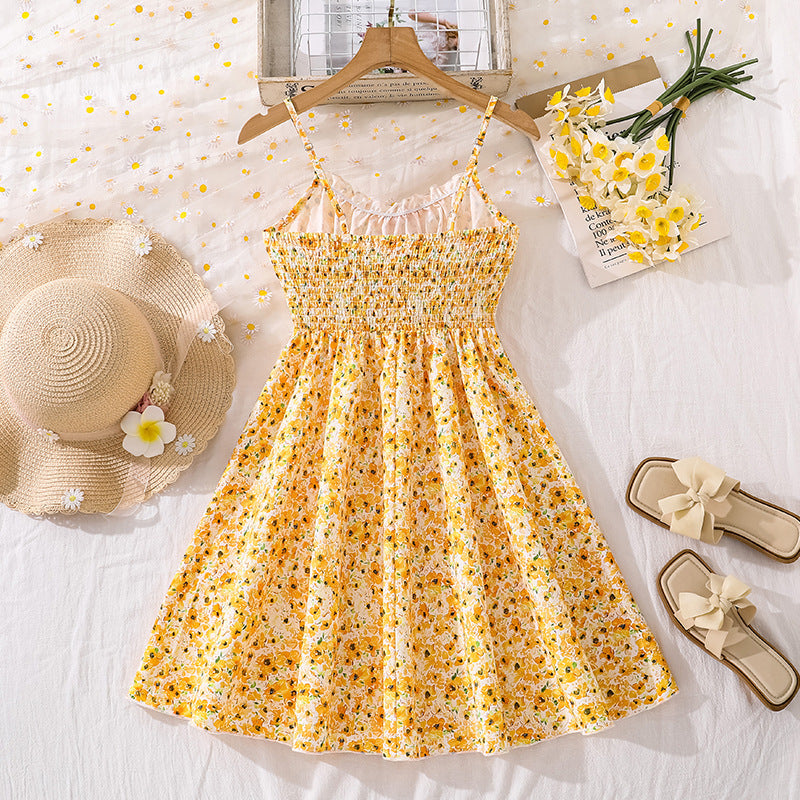 European and american girls' dresses - summer  cross-border  new arrivals - french chic floral bandeau dress with cinched waist and spaghetti straps