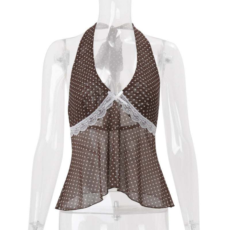 Amazon women's clothing  summer new fashion hot girl retro polka dot chiffon see-through halter top