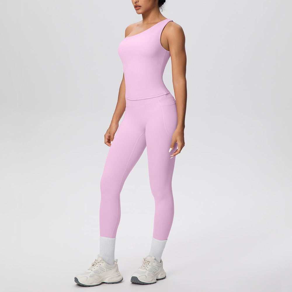 Sexy one-shoulder activewear set: high-waisted, figure-hugging leggings with pockets - perfect for outdoor leisure, running, fitness, and yoga