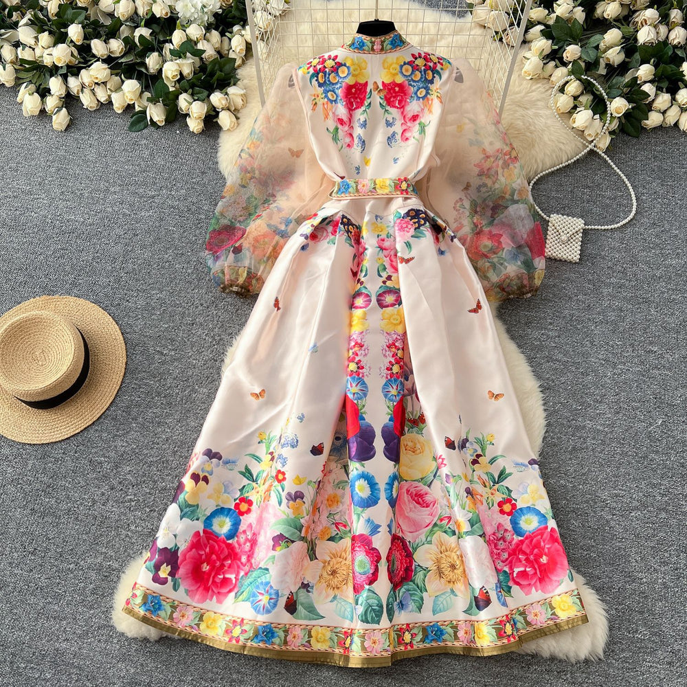 European and american retro v-neck mesh lantern sleeve tie-waist maxi dress with a-line print - french style