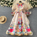 European and american retro v-neck mesh lantern sleeve tie-waist maxi dress with a-line print - french style