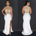 C6860 cross-border   fashion women's solid color mesh rhinestone slit maxi dress
