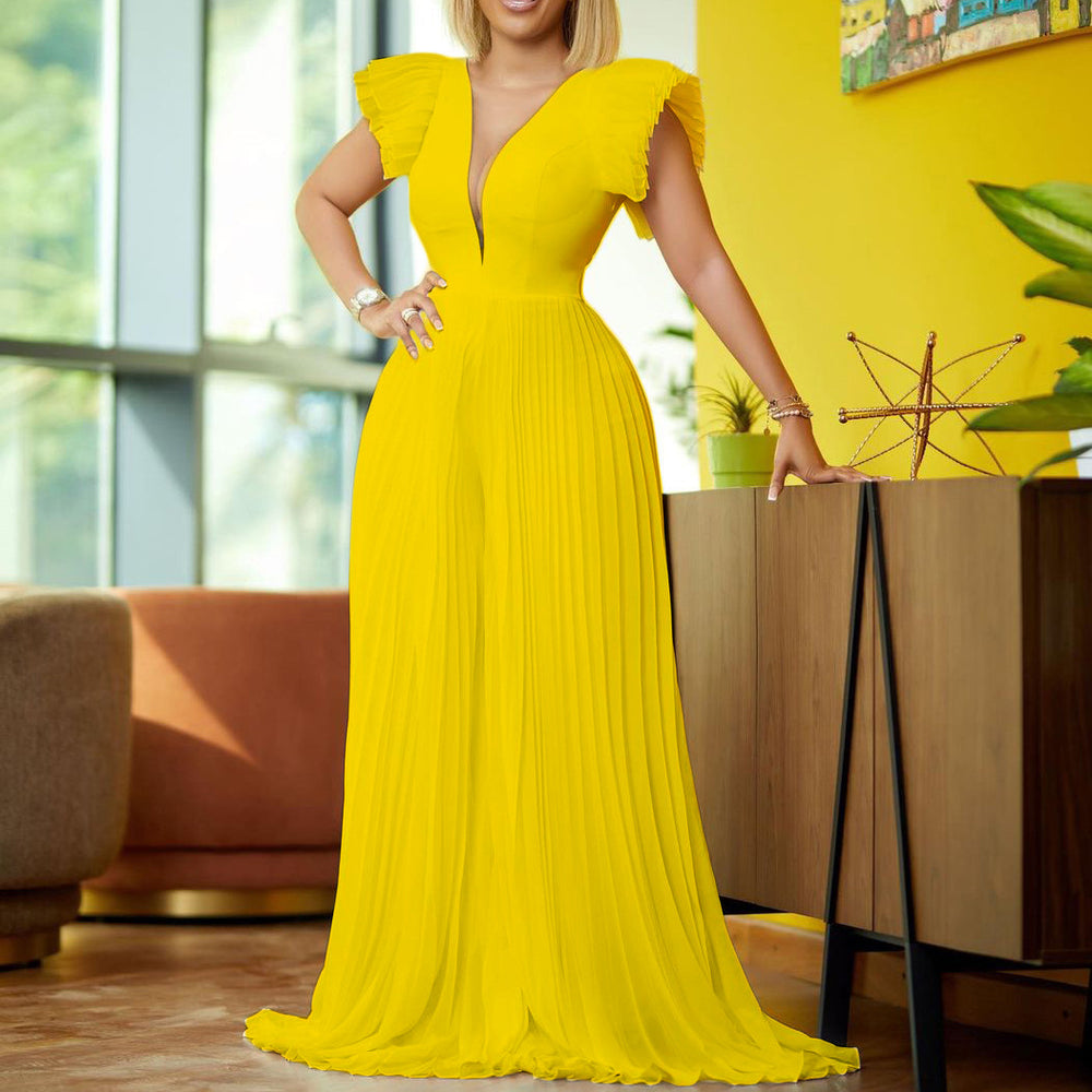 D196   summer flying sleeve elegant pleated patchwork deep v neck mop cross-border fashion jumpsuit