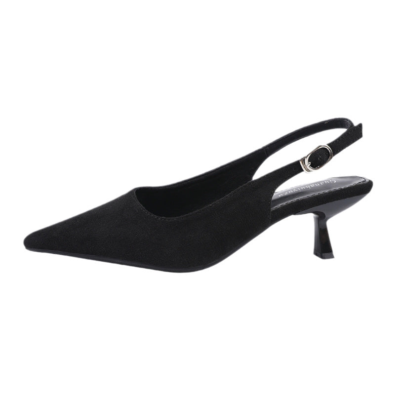 Pointed-toe stiletto sandals for women, 2026 new korean style, versatile suede open-back single strap mid-heel shoes, fashionable and elegant