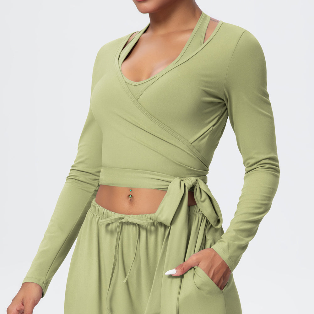 European and american fashionable brushed yoga top - one-piece tie-up long sleeve activewear for outdoor high-end fitness