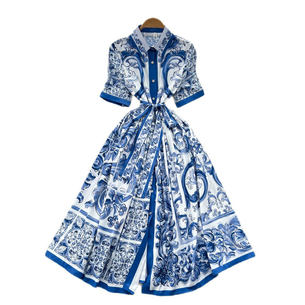 European and american niche style court-inspired placement print dress - women's summer high-end tie-waist single-breasted shirt dress