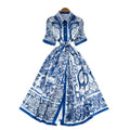 European and american niche style court-inspired placement print dress - women's summer high-end tie-waist single-breasted shirt dress