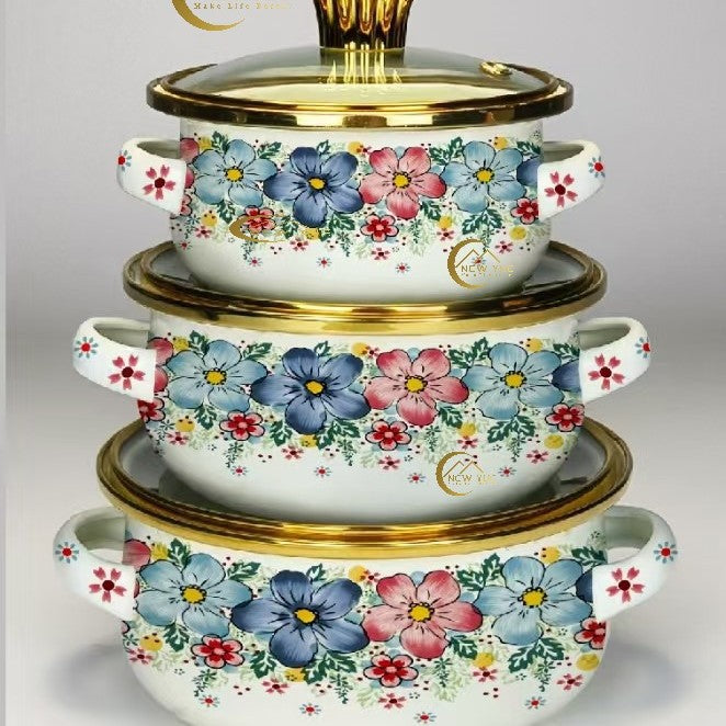 Export cross-mirror enamel small 3-piece pot set, exquisite soup pot, enamel pot, double-ear soup pot suit12cm/14cm16cm