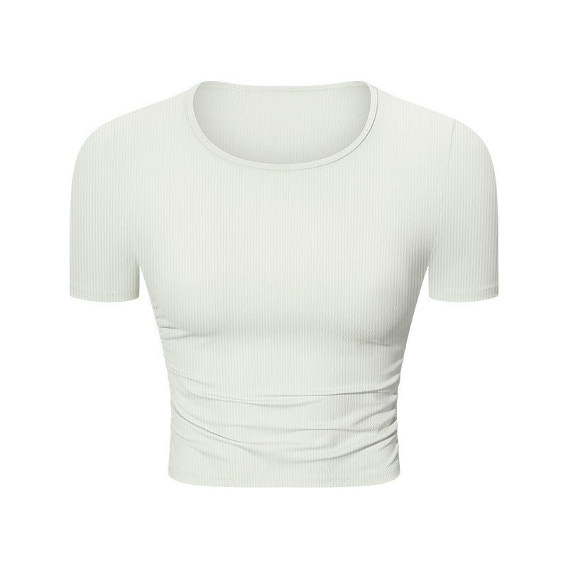 Spr ribbed micro-pleated waist short sports short-sleeved high-elastic naked-slim silmslimming look yoga topsds374