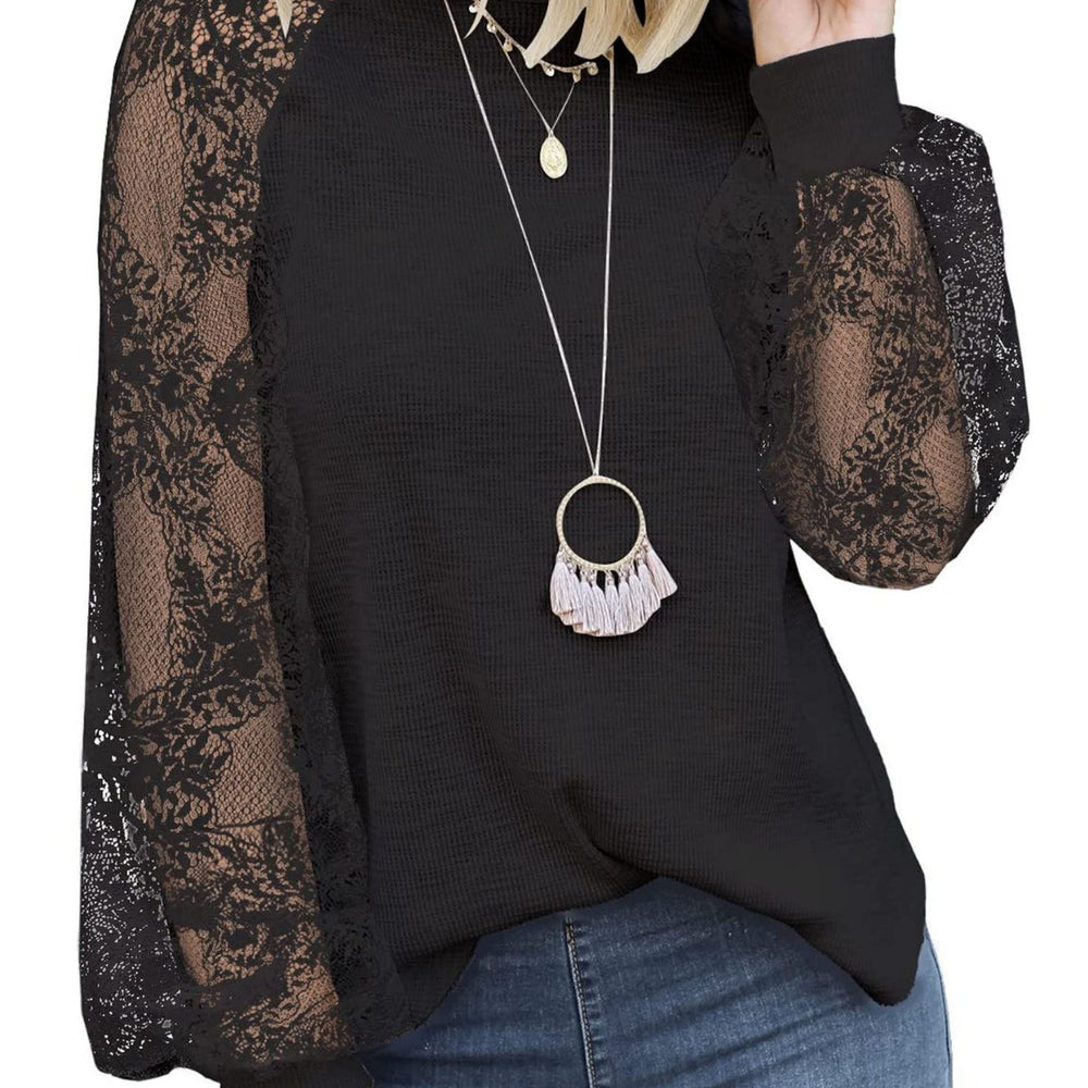 european and american export  new women's long-sleeve lace casual loose t-shirt top