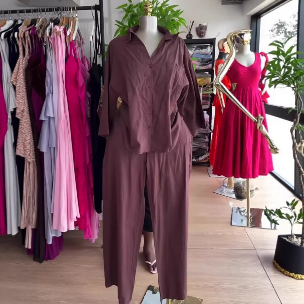 European and american cross-border women's fashion:  summer new collection - solid color, relaxed fit, turn-down collar shirt and wide-leg pants casual set