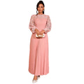 European and american elegant lace lantern sleeve dress - hollow out long sleeve, cinched waist, pleated a-line party maxi dress