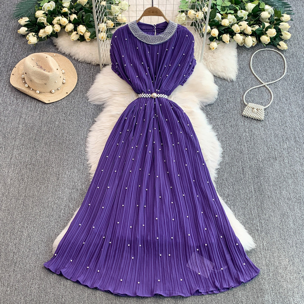 European and american light luxury socialite beaded round neck dress - women's summer slimming pleated elegant long gown